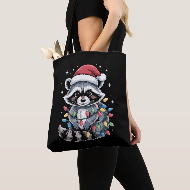 Christmas Racoon Santa Hat String Lights Winter Tote Bag (Close Up)