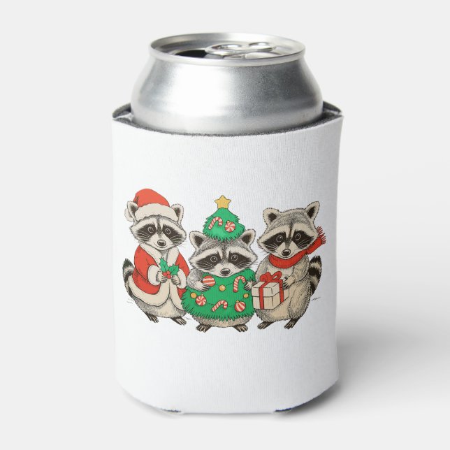 Christmas Racoon Santa Hat Tree Xmas Lights Can Cooler (Can Front)