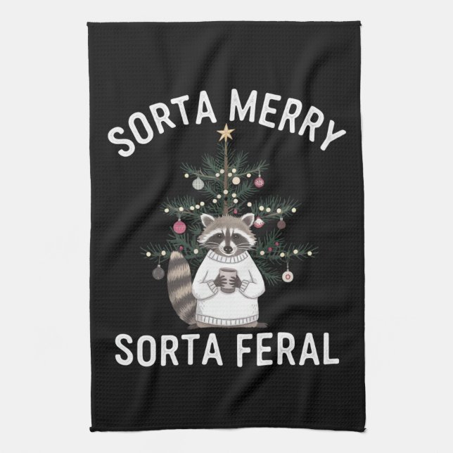 Christmas Racoon Sorta Merry Sorta Feral Xmas Tea Towel (Vertical)
