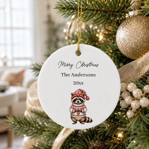 Christmas Racoon Watercolor Family Ceramic Tree Decoration