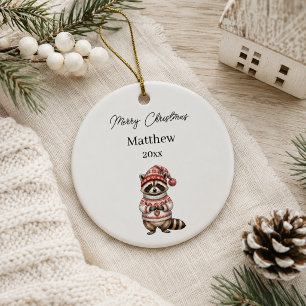 Christmas Racoon Watercolor Name Ceramic Tree Decoration