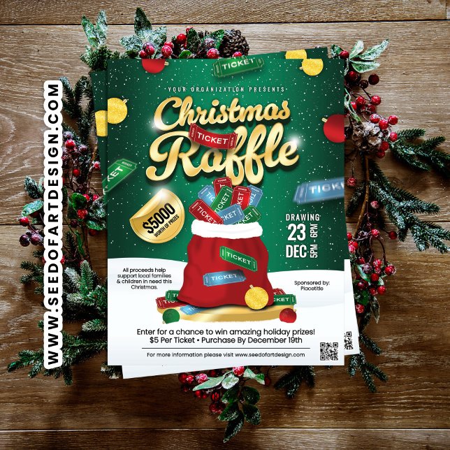 Christmas Raffle Green & Gold Holiday Ticket Sack  Flyer (Creator Uploaded)