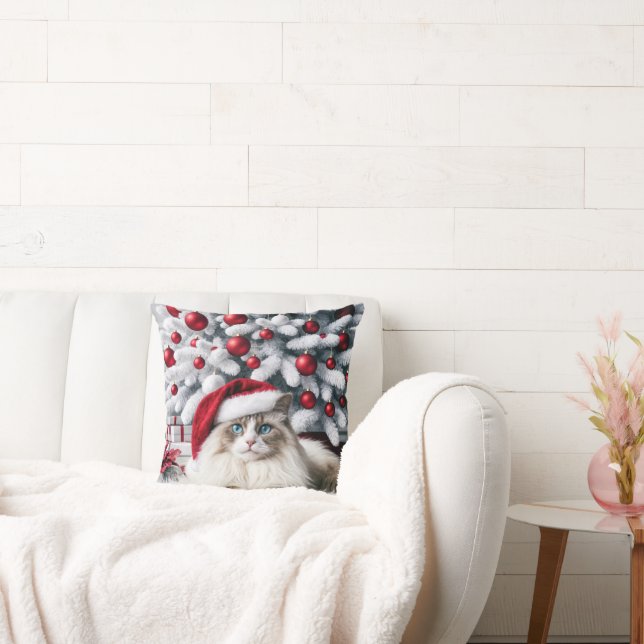 Christmas Ragdoll Cat In a Santa Hat Cushion (Couch)