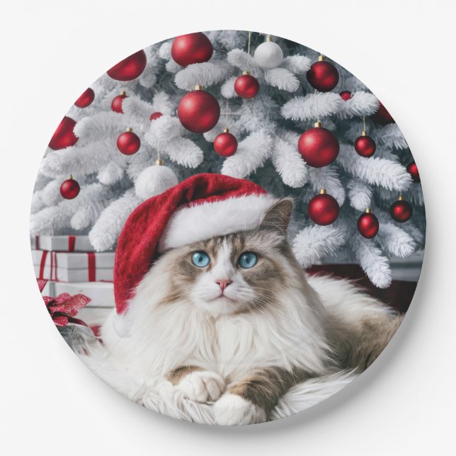 Christmas Ragdoll Cat In a Santa Hat Paper Plate (Front)
