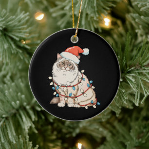 Christmas Ragdoll Cute Cat Santa Hat Xmas Lights Ceramic Tree Decoration