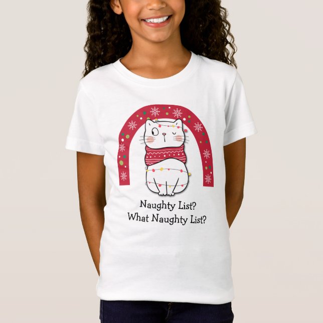 Christmas Rainbow Cat on the Naughty List T-Shirt (Front)