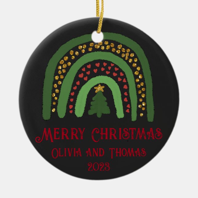 Christmas rainbow glitter red gold green ceramic tree decoration (Front)