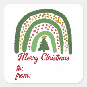Christmas rainbow glitter red gold green square sticker