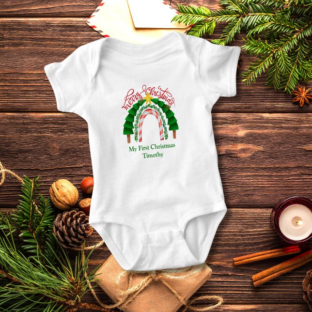 Christmas Rainbow Red Green My 1st Christmas  Baby Bodysuit (My First Christmas Personalized Baby Body Suit. Gift for Baby Boy or Girl)