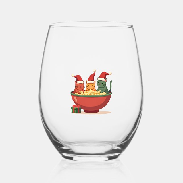 Christmas Ramen Cat Santa Anime Meow Kitty Meow Ca Stemless Wine Glass (Front)