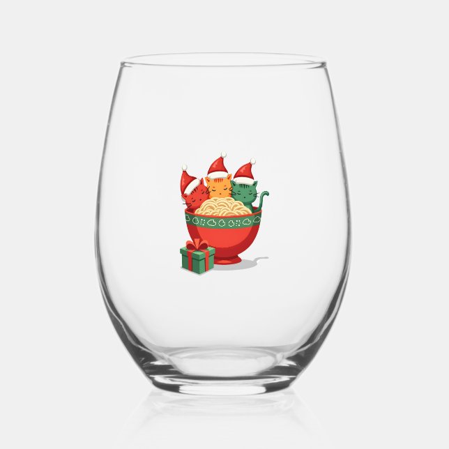 Christmas Ramen Cat Santa Anime Meow Kitty Meow Ca Stemless Wine Glass (Front)