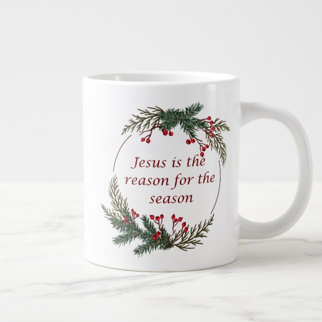 Christmas Reason for Season Holly Berry Wreath Large Coffee Mug (Right)