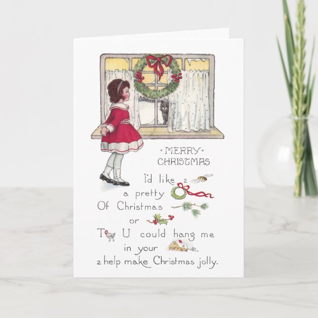 Christmas Rebus with Girl and Cat in Window Holiday Card (Front)