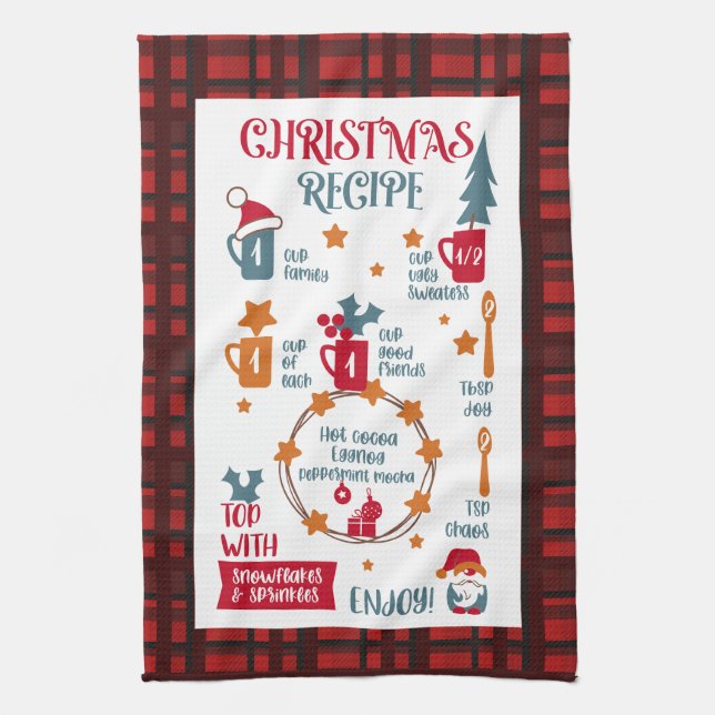 Christmas Recipe Festive Red Plaid Tea Towel (Vertical)
