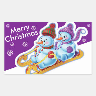 Christmas rectangular sticker Snowmen Snow sports.