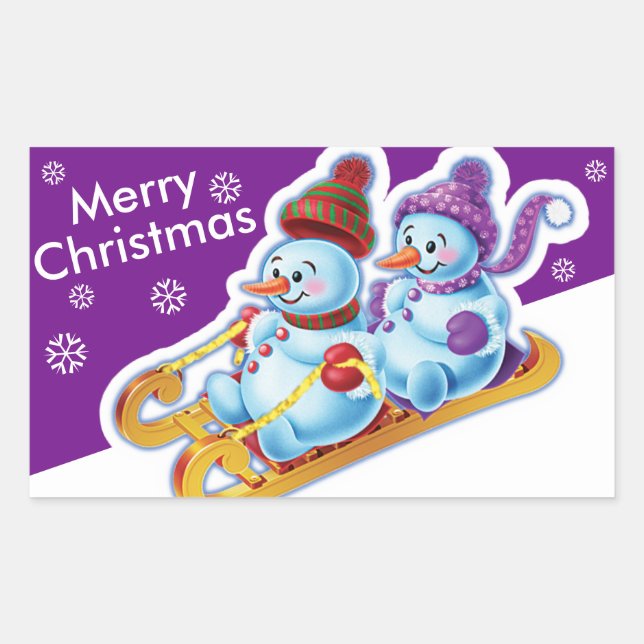 Christmas rectangular sticker Snowmen Snow sports. (Front)