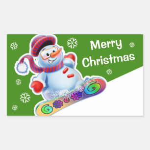 Christmas rectangular sticker Snowmen Snow sports.