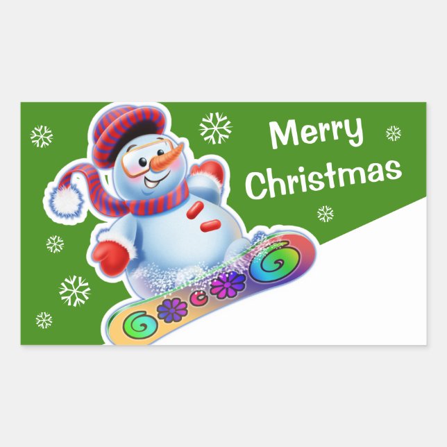 Christmas rectangular sticker Snowmen Snow sports. (Front)