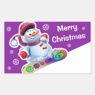 Christmas rectangular sticker Snowmen Snow sports.