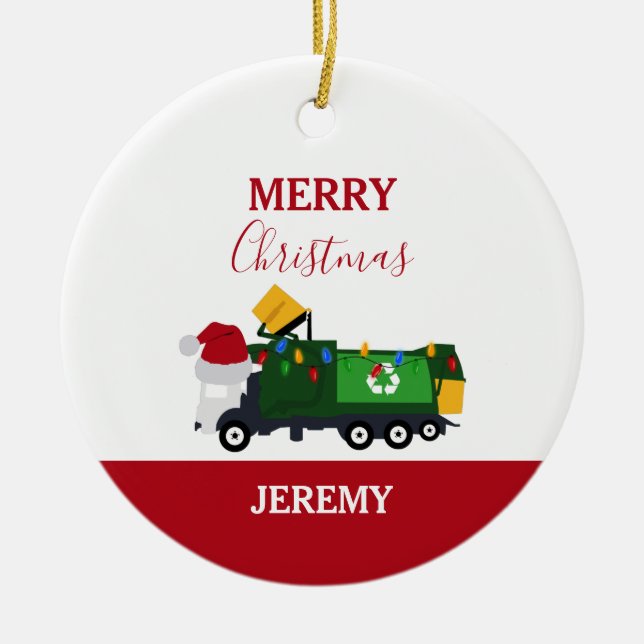 Christmas Recycling Garbage Truck Custom Ceramic Tree Decoration (Front)