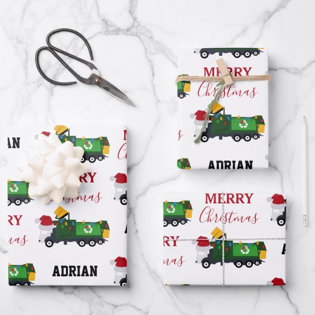 Christmas Recycling Garbage Truck Custom Name  Wrapping Paper Sheet (Front)