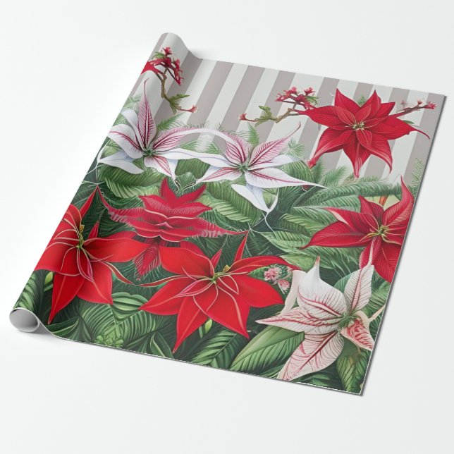 Christmas Red Amaryllis and Poinsettias Wrapping Paper (Unrolled)