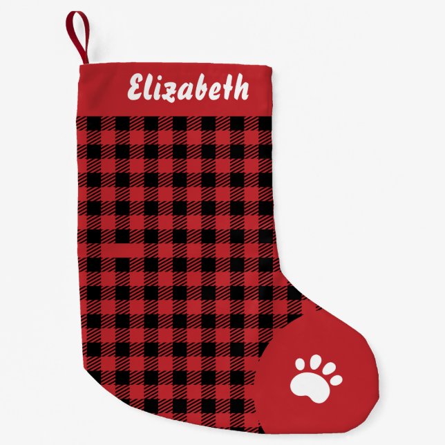 Christmas Red and Black Buffalo Plaid Custom Name Small Christmas Stocking (Front)