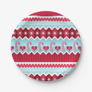 Christmas Red And Blue Chevron Stripes Pattern Paper Plate