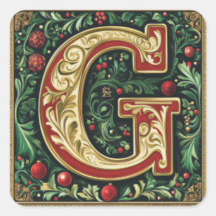 Christmas Red and Emerald Green Letter G Square Sticker