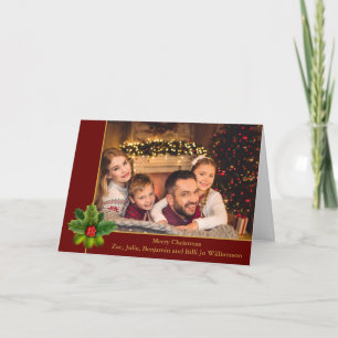 Christmas Red and Gold Frame With Holly Photo Holiday Card