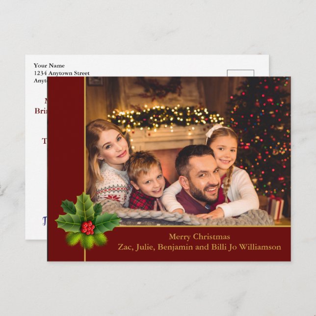 Christmas Red and Gold Frame With Holly Photo Postcard (Front/Back)
