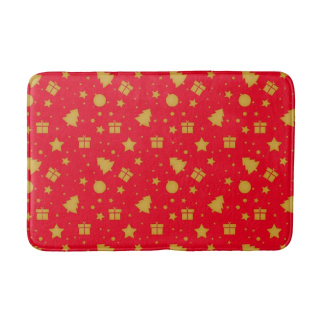 Christmas red and gold holiday pattern bath mat (Front)