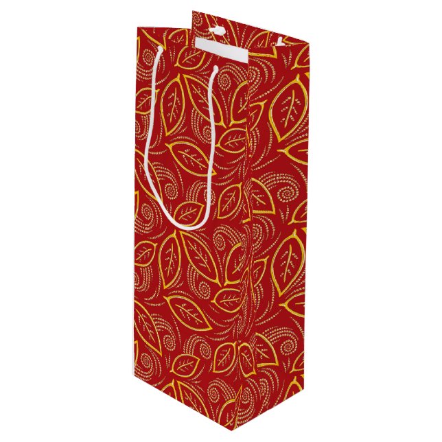 Christmas Red and Gold Illustrated Leaves Pattern Wine Gift Bag (Front Angled)