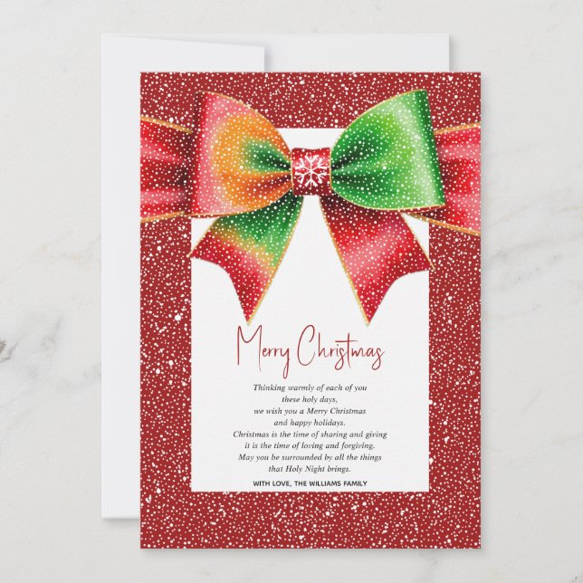 Christmas red and green bow and snowflakes holiday card (Front)