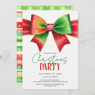 Christmas red and green bow and stripes party invitation