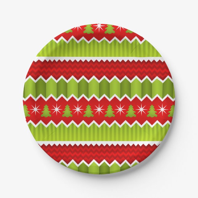 Christmas Red And Green Chevron Stripes Pattern Paper Plate (Front)