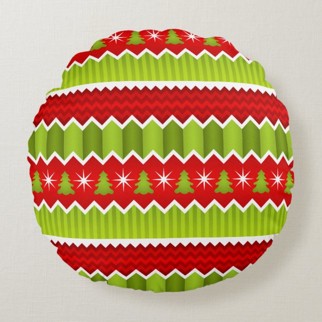 Christmas Red And Green Chevron Stripes Pattern Round Cushion (Front)