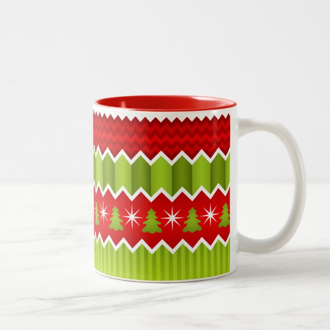 Christmas Red And Green Chevron Stripes Pattern Two-Tone Coffee Mug (Right)