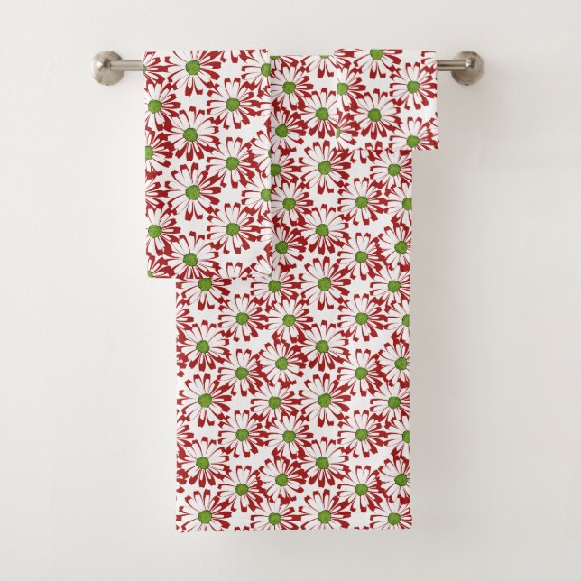 Christmas Red and Green Daisy Floral Pattern Bath Towel Set (Insitu)