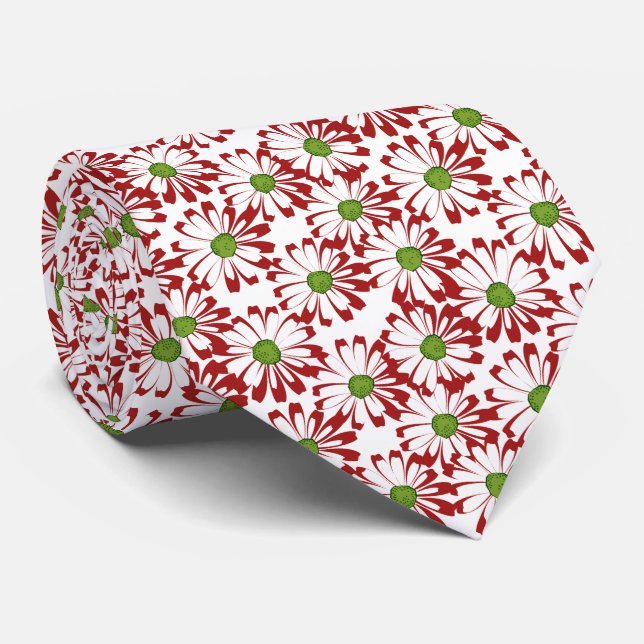 Christmas Red and Green Daisy Floral Pattern Tie (Rolled)