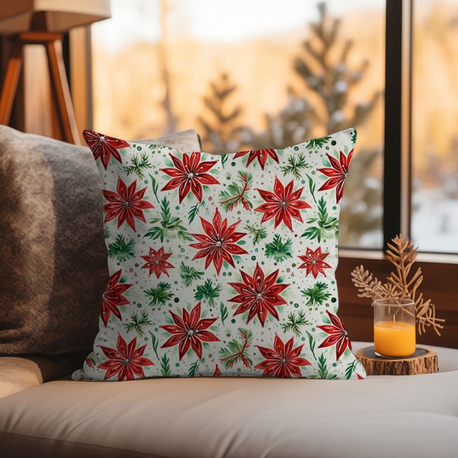 Christmas Red and Green Poinsettia Floral Cushion (Christmas Red and Green Poinsettia Floral Throw Pillow)