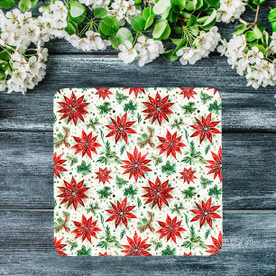 Christmas Red and Green Poinsettia Floral Glass Coaster