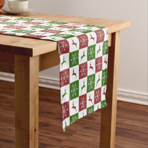 Christmas red and green reindeer snowflake pattern short table runner
