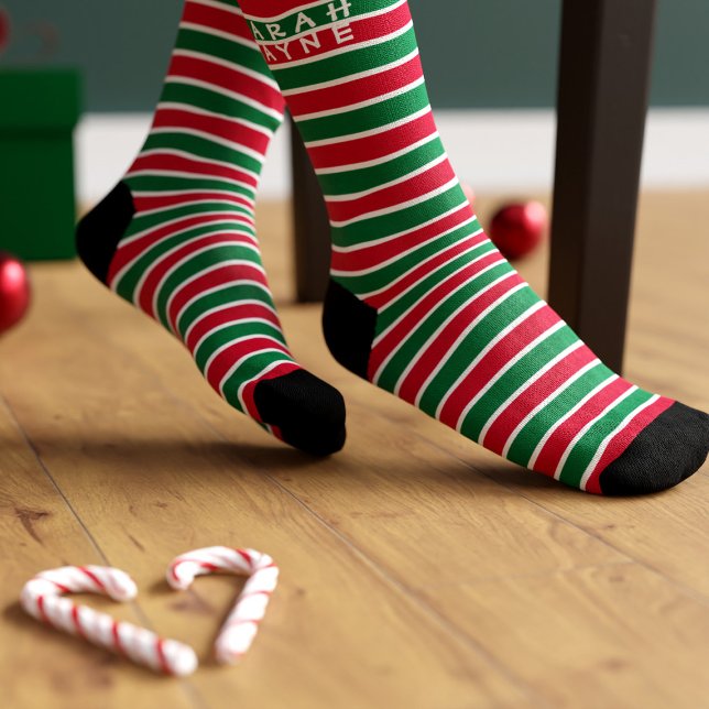 Christmas Red and Green Stripe Holiday Socks (Can't let the holiday see pass by without a pair of festive striped socks. Just add your name)