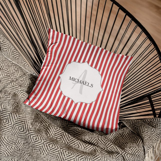 Christmas Red and White Monogram Custom Cushion (Whimsical candy cane striped cute simple monogram throw pillow.)