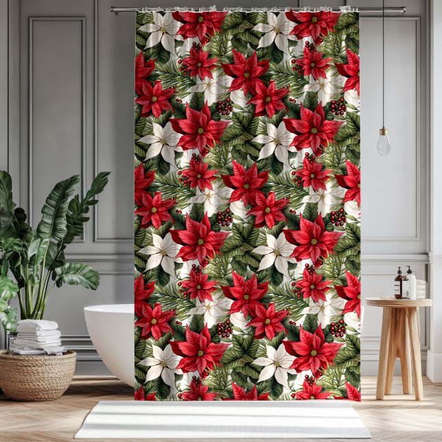 Christmas red and white poinsettia flowers Holiday Shower Curtain (Christmas red and white poinsettia flowers Holiday Shower Curtain)