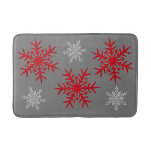Christmas Red and White Snowflakes & Charcoal Gray Bath Mat