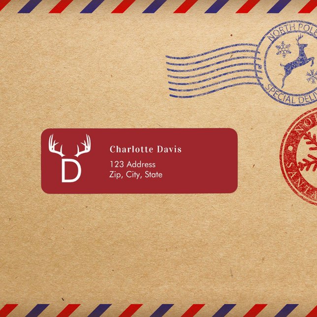 Christmas red antlers monogram return address  (Creator Uploaded)