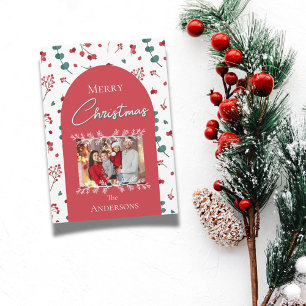 Christmas Red Arch Botanical Foliage Family Photo Holiday Card