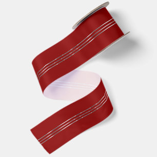 Christmas Red Background Shiny Silver Stripes Satin Ribbon
